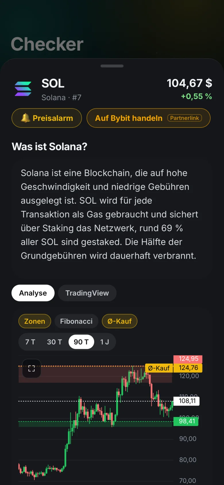 Coin-Checker in der App: Solana mit Erklärung und Analyse-Chart