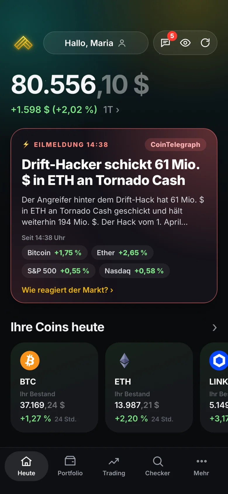 CryptoCompass App: Startseite Heute