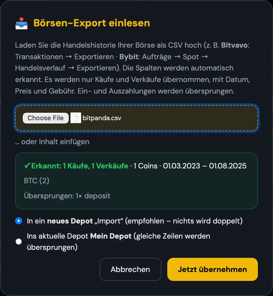 Vorschau vor dem Import: erkannte Käufe, Verkäufe, Coins und Zeitraum – Ein- und Auszahlungen werden übersprungen